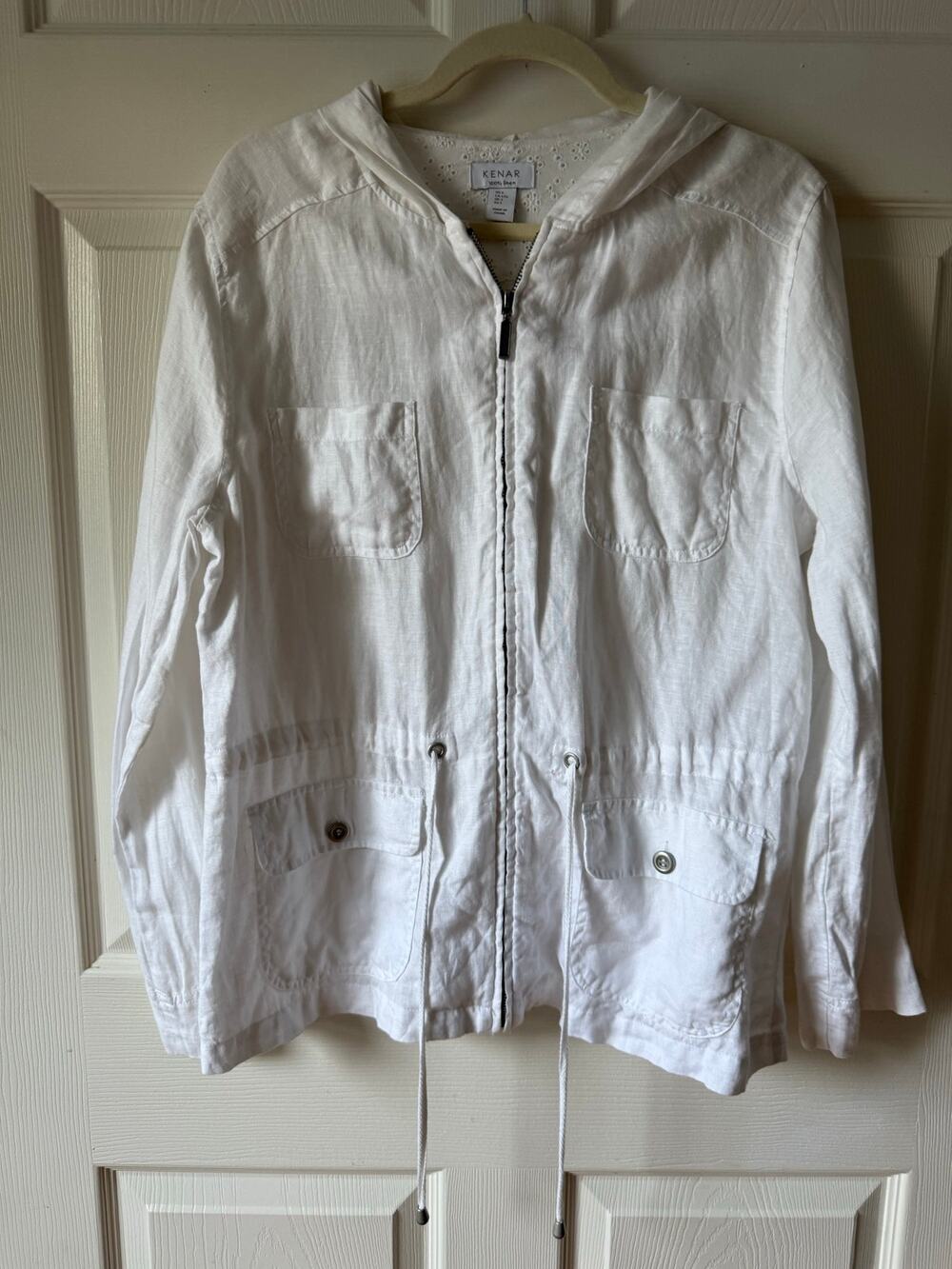 Kenar White Linen Hooded Utility Jacket Zip Front Drawstring Size L